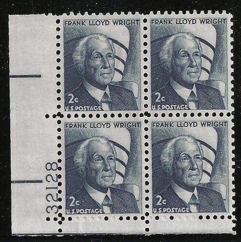 1966 Frank Lloyd Wright Plate Block of 4 2c Postage Stamps - MNH, OG - Scott 1280