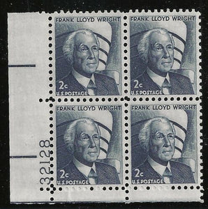 1966 Frank Lloyd Wright Plate Block of 4 2c Postage Stamps - MNH, OG - Sc# 1280