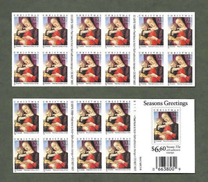 1999 B Vivarini Painting Of Christmas Madonna Booklet Pane Of 20 33c Postage Stamps - Sc# 3355a - DG111