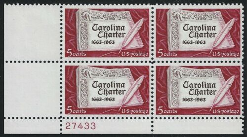 1963 Carolina Charter Plate Block Of 4 5c Postage Stamps - MNH, OG - Sc# 1230 - CX278