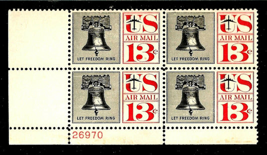 1961 Let Freedom Ring Liberty Bell Plate Block of 4 13c Postage Stamps - MNH, OG - Scott C62 - BC28
