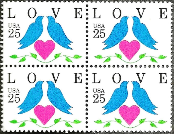 1990 Love Birds Block Of 4 25c Postage Stamps - Sc# 2440 - MNH - CX809