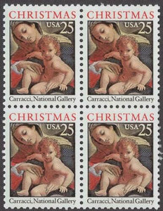 1989 Christmas Madonna & Child By Carracci Block Of 4 25c Postage Stamps - Sc# 2427 - MNH - CW368a