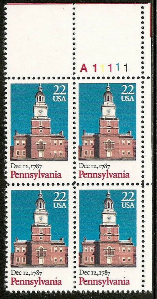 1987 Pennsylvania Constitution Ratification Plate Block of 4 22c Postage Stamps - MNH, OG - Scott 2337