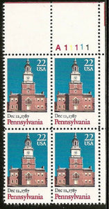 1987 Pennsylvania Constitution Ratification Plate Block of 4 22c Postage Stamps - MNH, OG - Sc# 2337