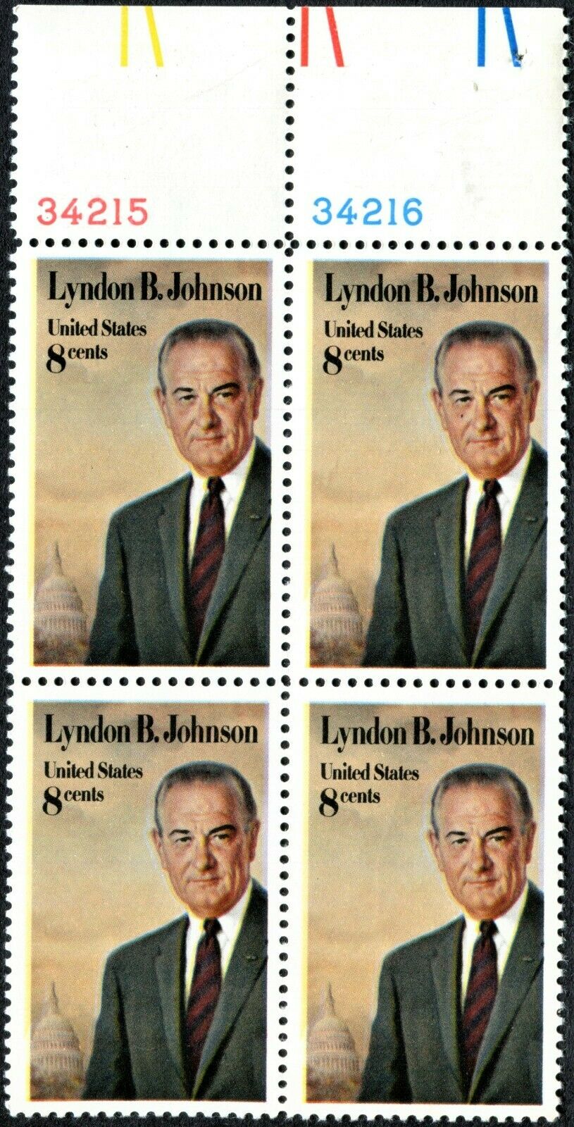 1973 President Lyndon Johnson Plate Block of 4 8c Postage Stamps - MNH, OG - Scott 1503