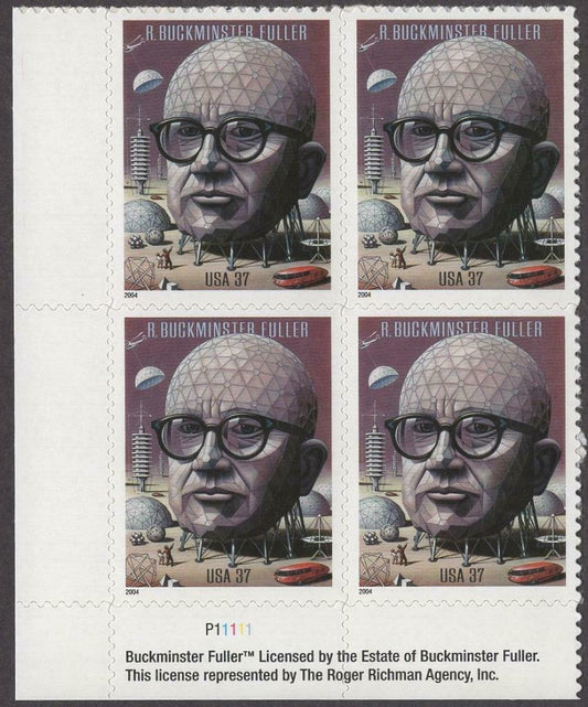 2004 R. Buckminster Fuller Plate Block of 4 37c Postage Stamps - MNH, OG - Scott 3870