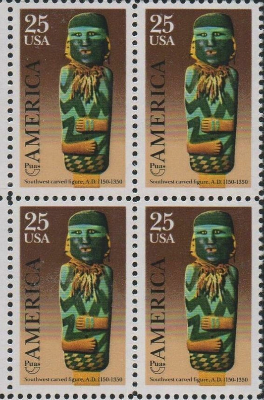 1989 Pre-Columbian Southwest Carved Figure  Block Of 4 25c Postage Stamps Scott 2426 - MNH - CW456b
