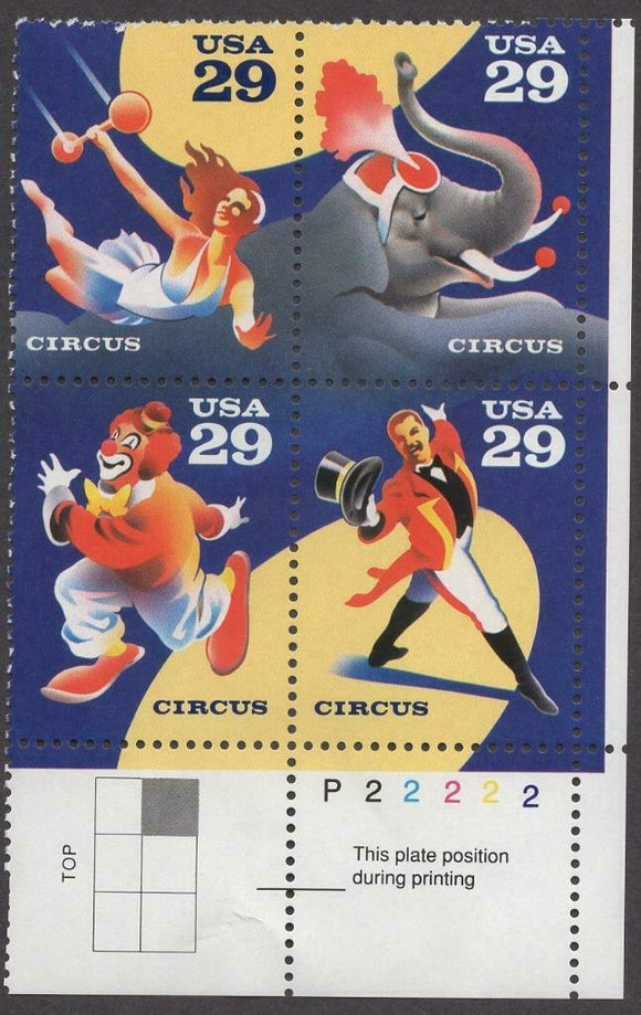 1993 Circus Plate Block of 4 29c Postage Stamps MNH, OG - Scott# 2750-2753 - DS195a