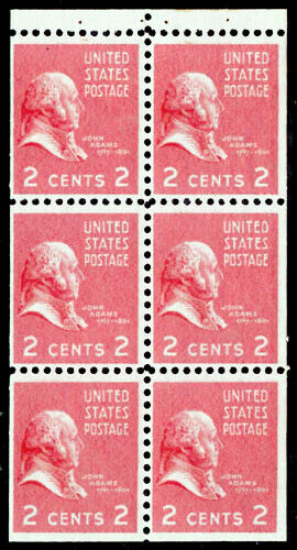 1938 President John Adams Booklet Pane of 6 2c Postage Stamps - Scott 806b - MNH,OG