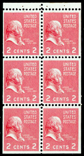 1938 President John Adams Booklet Pane of 6 2c Postage Stamps - Sc# 806b - MNH,OG