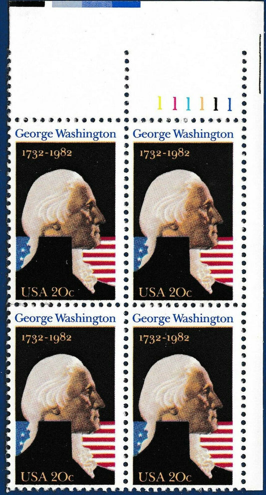 1982 George Washington Plate Block of 4 20c Postage Stamps - MNH, OG - Scott 1952
