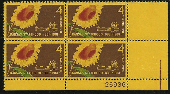 1961 Kansas Statehood - Plate Block of 4 4c Stamps - MNH, OG - Sc# 1183 - CX892