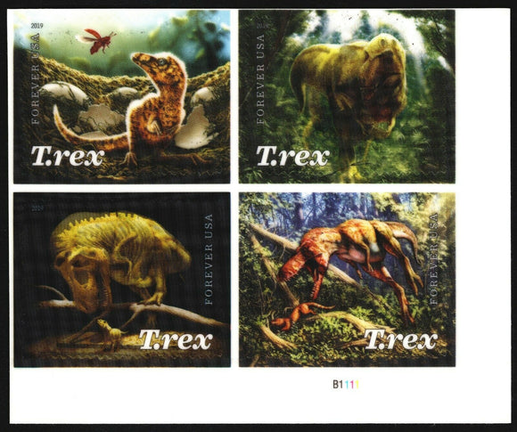 T Rex Tyrannosaurus Rex Dinosaur Plate Block of 4 Forever Postage Stamps - MNH, OG - Sc# 5410-5413