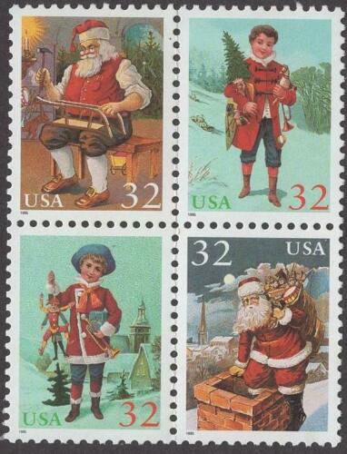 1995 Christmas Santa & Children Block of 4 32c Postage Stamps - MNH, OG - Scott 3007