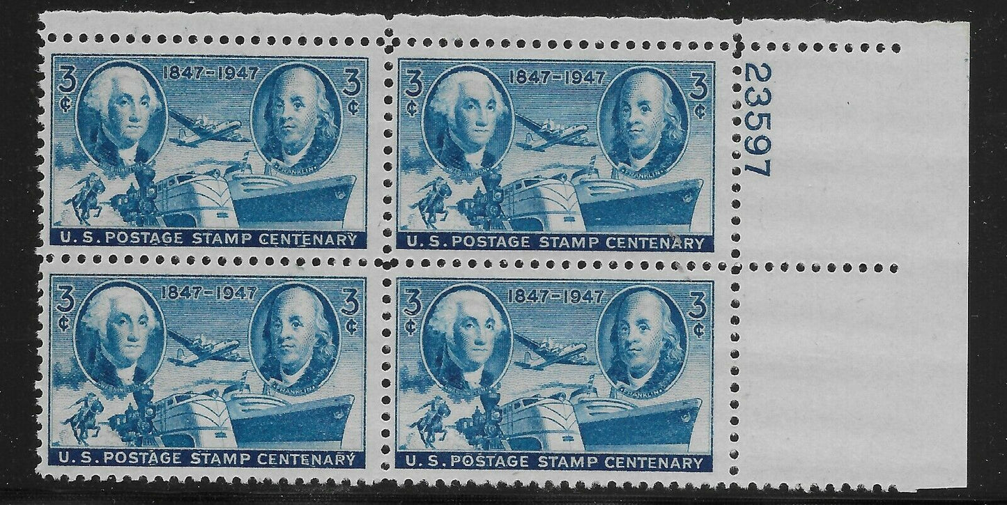 1947 US Postage Stamps Centenary Plate Block of 4 3c  Postage Stamps - MNH, OG - Scott 947 - CX916