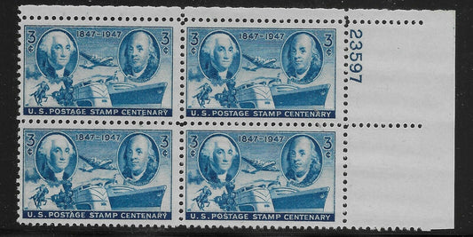 1947 US Postage Stamps Centenary Plate Block of 4 3c  Postage Stamps - MNH, OG - Scott 947 - CX916