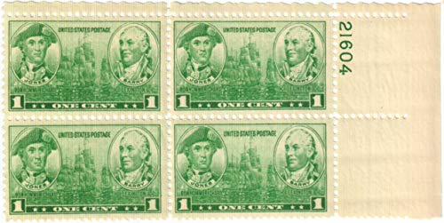 USA 1936 John Paul Jones & John Barry Navy Plate Block of 4 1c Postage Stamps, Scott 790, MNH, OG