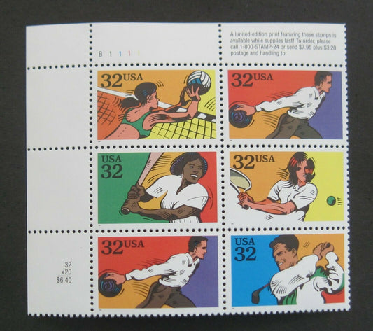 1995 Recreational Sports Plate Block of 6 32c Postage Stamps - MNH, OG - Scott 2965