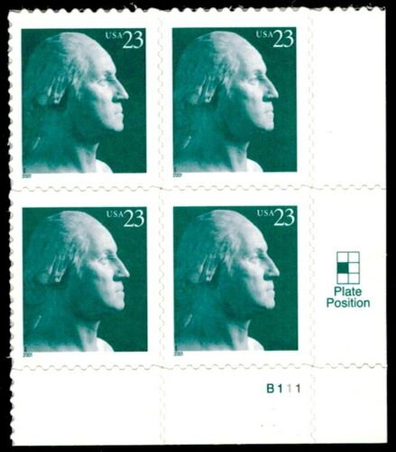 2001 George Washington Plate Block of 4 23c Postage Stamps - MNH, OG - Scott 3468