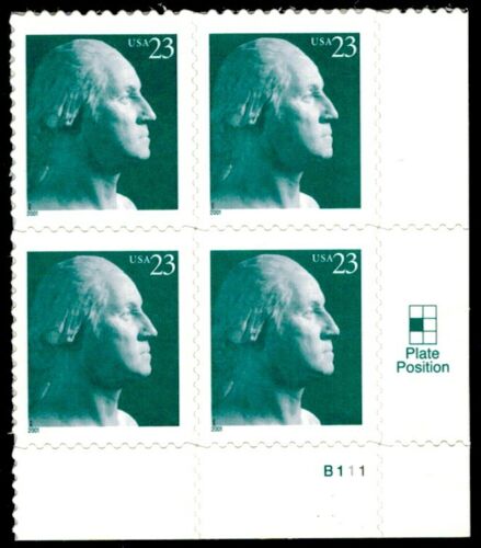 2001 George Washington Plate Block of 4 23c Postage Stamps - MNH, OG - Sc# 3468