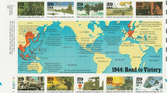1994 WW2 Road To Victory Sheet With 10 29c Postage Stamps - Scott 2838 - MNH, OG - CW241a