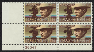 1975 DW Griffith Film Director Plate Block of 4 10c Postage Stamps - MNH, OG - Sc# 1555
