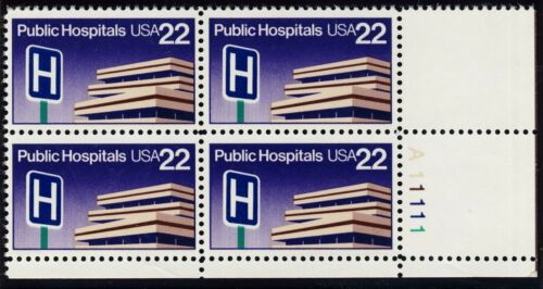 1986 Public Hospitals Plate Block of 4 22c Postage Stamps - MNH, OG - Scott 2210