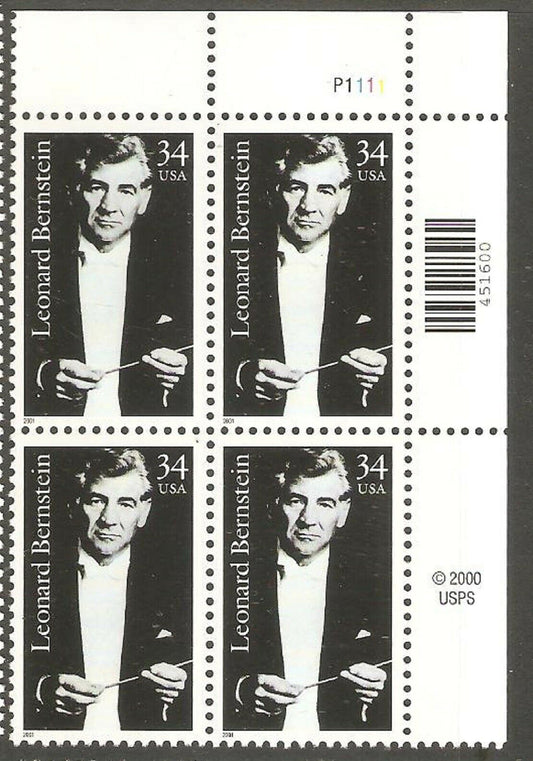 2001 Leonard Bernstein Plate Block of 4 34c Postage Stamps - MNH, OG - Scott 3521