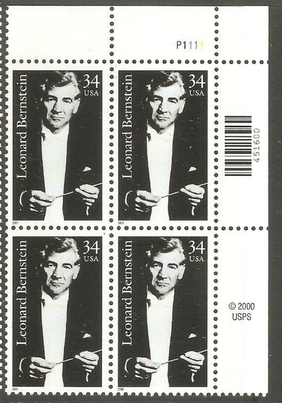 2001 Leonard Bernstein Plate Block of 4 34c Postage Stamps - MNH, OG - Sc# 3521