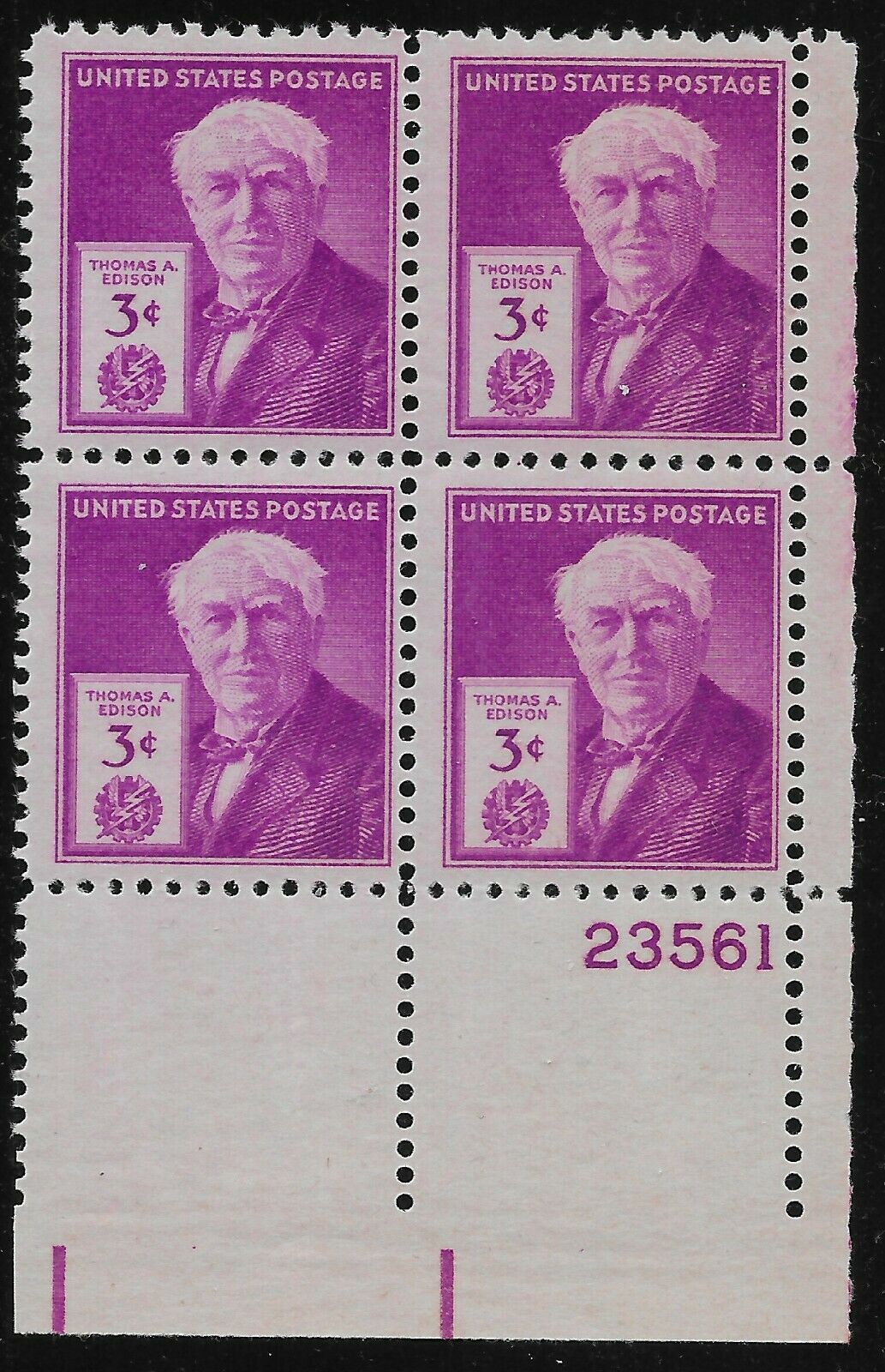 1947 Thomas Edison Plate Block of 4 3c Postage Stamps - MNH, OG - Scott 945- CX915