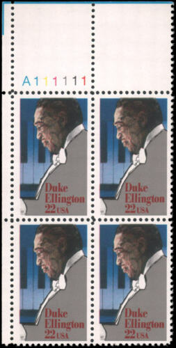 1986 Duke Ellington Plate Block of 4 Postage Stamps - Scott 2211 - MNH, OG - CX875