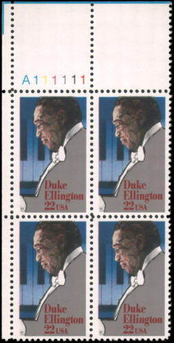 1986 Duke Ellington Plate Block of 4 Postage Stamps - Sc 2211 - MNH, OG - CX875