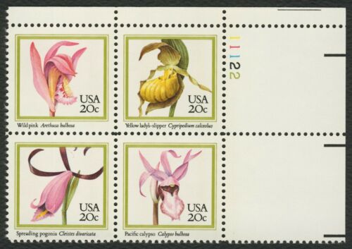 1984 Orchids Flowers Plate Block of 4 20c Postage Stamps - MNH, OG - Scott 2076-2079