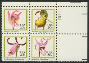 1984 Orchids Flowers Plate Block of 4 20c Postage Stamps - MNH, OG - Sc# 2076-2079