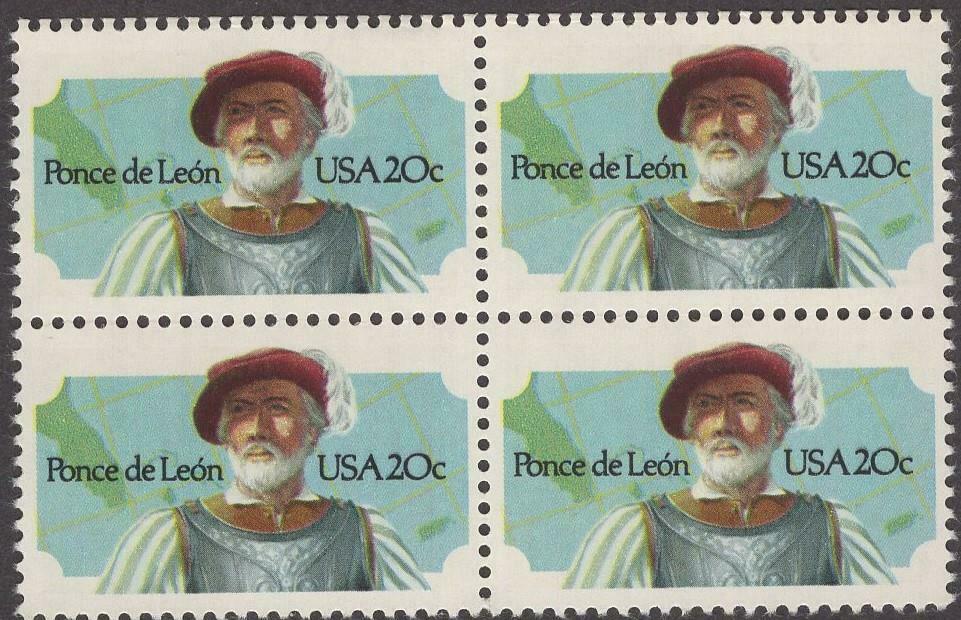 1982 Ponce De Leon Block of 4 20c Postage Stamps - MNH, OG - Scott 2024