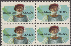 1982 Ponce De Leon Block of 4 20c Postage Stamps - MNH, OG - Sc# 2024