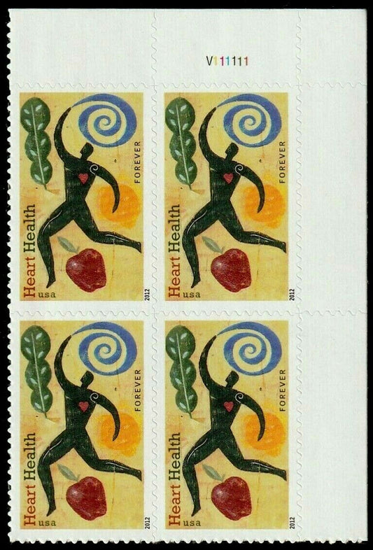 2012 Heart Health Plate Block of 4 45c Postage Stamps - MNH, OG - Scott 4625