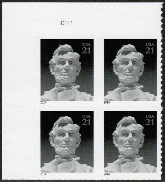 2014 Statue of Abe Lincoln Plate Block of 4 21c Postage Stamps - MNH, OG - Scott 4860