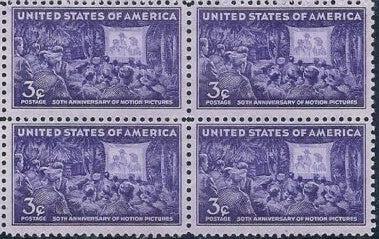 1944 Motion Pictures 50th Anniversary Block Of 4 3c Postage Stamps - Scott 926 - MNH - CV40