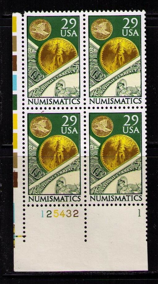 1991 Numismatics Plate Block Of 4 29c Stamps - MNH, OG - Scott# 2558 - DS176a