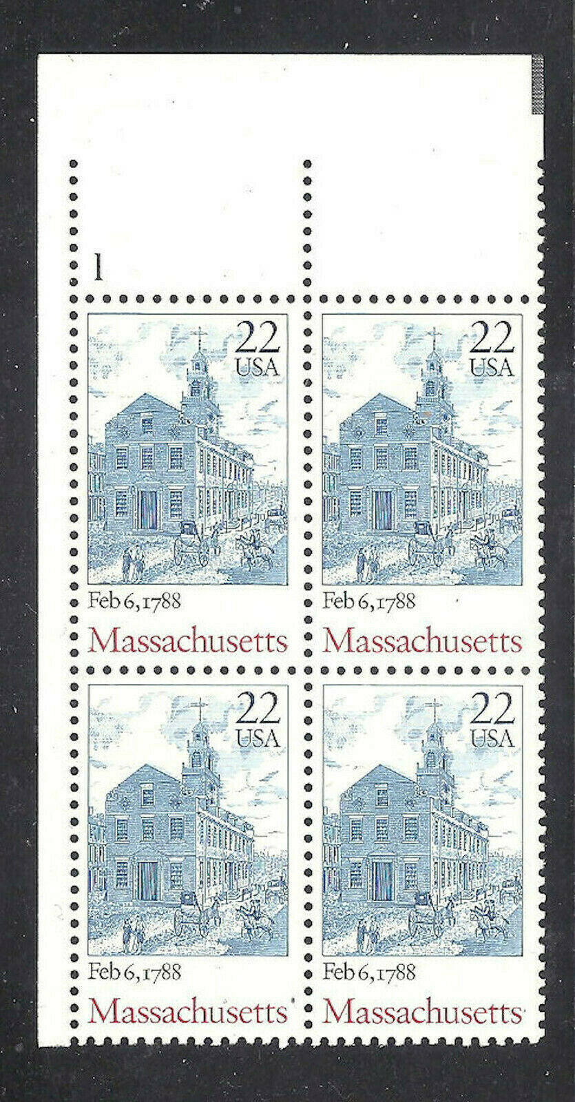 1988 Massachusetts - Constitution Ratification Plate Block of 4 22c Postage Stamps - MNH, OG - Scott 2341