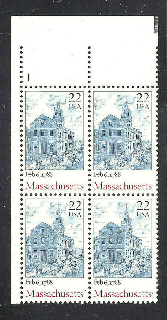 1988 Massachusetts - Constitution Ratification Plate Block of 4 22c Postage Stamps - MNH, OG - Scott 2341