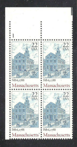 1988 Massachusetts - Constitution Ratification Plate Block of 4 22c Postage Stamps - MNH, OG - Sc# 2341