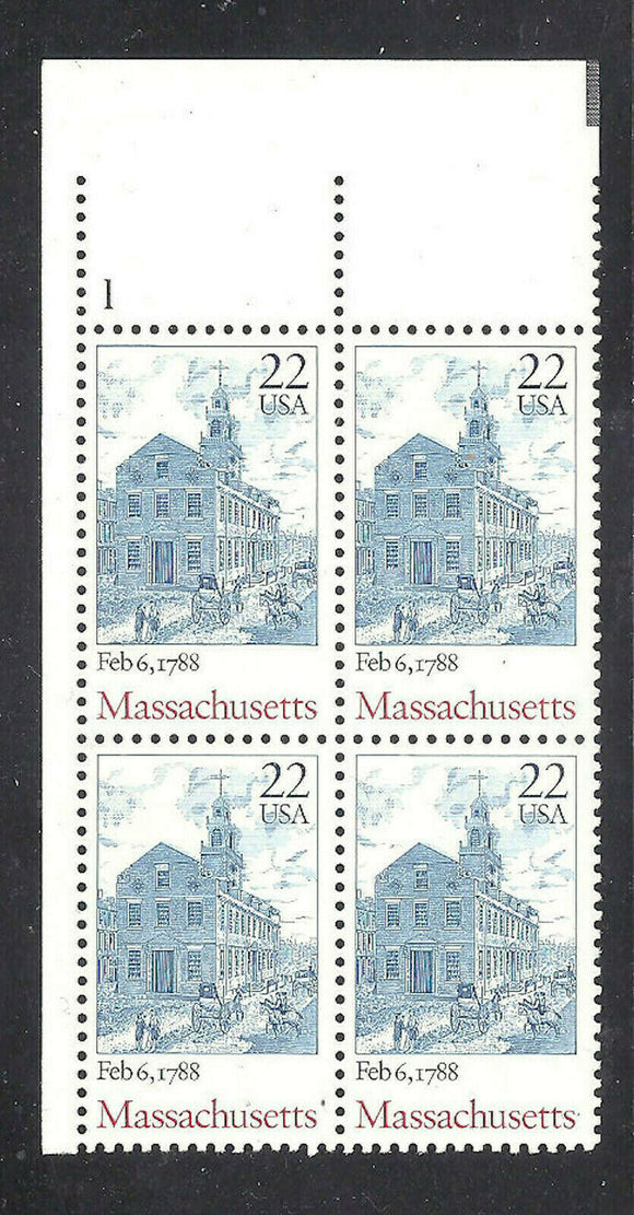 1988 Massachusetts - Constitution Ratification Plate Block of 4 22c Postage Stamps - MNH, OG - Sc# 2341