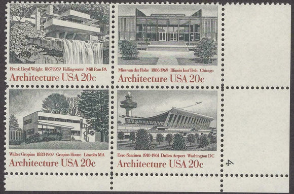1982 Architecture Plate Block Of 4 20c Postage Stamps - Sc 2019-2022 - MNH - CW482b