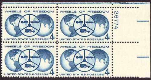 1960 Wheels Of Freedom Plate Block of 4 4c Postage Stamps - MNH, OG - Scott 1162