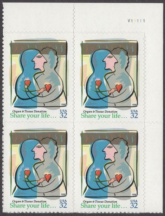 1998 Organ and Tissue Donation Plate Block of 4 32c Postage Stamps - MNH, OG - Scott 3227