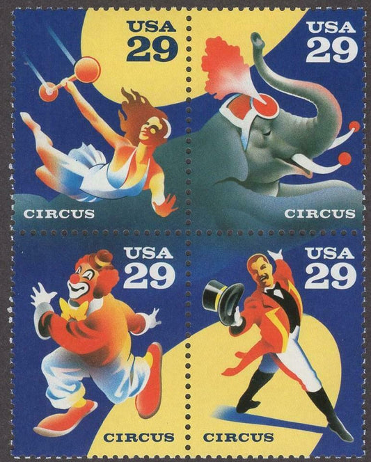 1993 Circus Block of 4 29c Postage Stamps - MNH, OG - Scott 2750-2753 - DS195