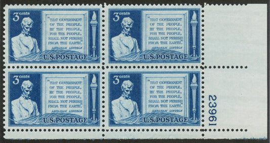 1948 Lincoln Gettysburg Address Plate Block of 4 3c Postage Stamps - MNH, OG - Scott 978 - CX919